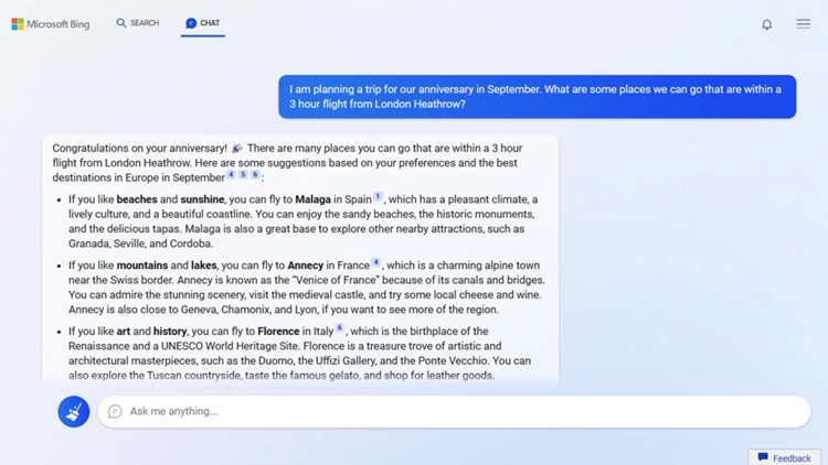 Người dùng cũng có thể trò chuyện với chatbot ngay trên Bing mới
